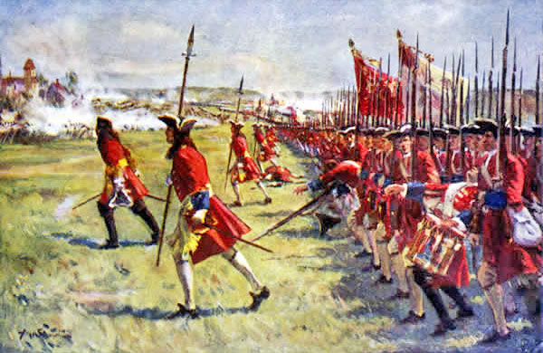 Brigadier Rowe leads the British infantry to the assault on the village of Blenheim 1704