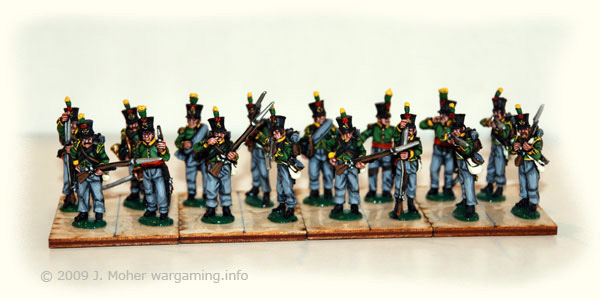 27th Dutch Jaeger displaying Infantry basing scheme of 4 bases (each 40mm wide x 50mm deep) with 4 figures each - total 16 figures per Battalion.