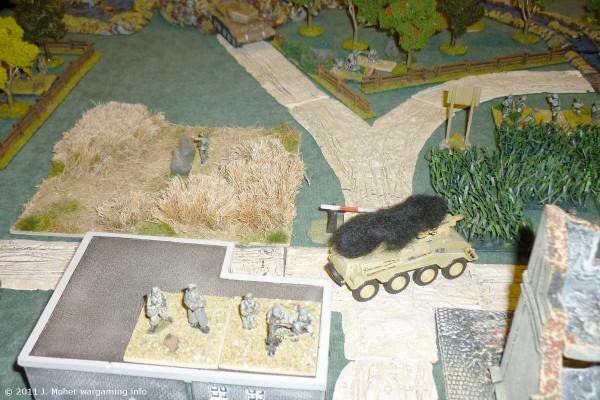 Late in Game 2 Late in Game 2 - the Sd.Kfz 234/3 has been knocked out, Platoon 2 in the wheat field has been eliminated, and Platoon 1 forward in the orchard is being pounded by Hunter's 95mm.