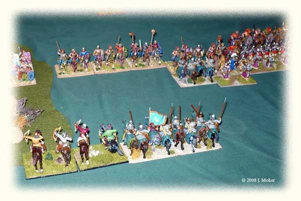 Armenian Cataphracts face Gallic Cavalry in the centre flanked by Gauls in the marsh, to the centre right a detachment of Legionaries face German Cavalry while the balance have moved off to support the right flank. Armenian Cataphracts face Gallic Cavalry in the centre flanked by Gauls in the marsh, to the centre right a detachment of Legionaries face German Cavalry while the balance have moved off to support the right flank.