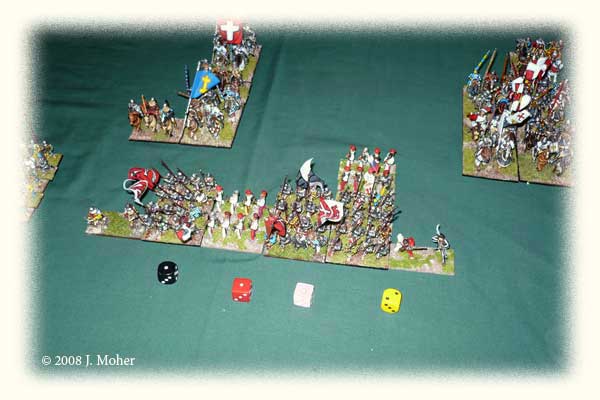 Can't get much less than that - the yellow die is the C-in-C's (extreme right rear), the three 1's belong to the City Militia (out of shot to left), Swiss (centre), and Feudal Knights (centre & inside-right rear)! Can't get much less than that!