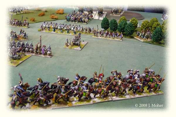 Centre right - Auxilia and Archers advance on the Sabir Huns & Elephants supported by one Cart mounted Scorpion. More Auxilia are clearing the vineyard on right, as the Roman Cavalry rush to support the Armenians in the foreground. Centre right - Auxilia and Archers advance on the Sabir Huns & Elephants supported by one Cart mounted Scorpion.