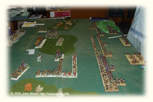 Early in the game, Kushans on the right, as the Sassanid Right Flank rushes forward in the centre of picture towards the Kushan Left. Early in the game, Kushans on the right, as the Sassanid Right Flank rushes forward in the centre of picture towards the Kushan Left.