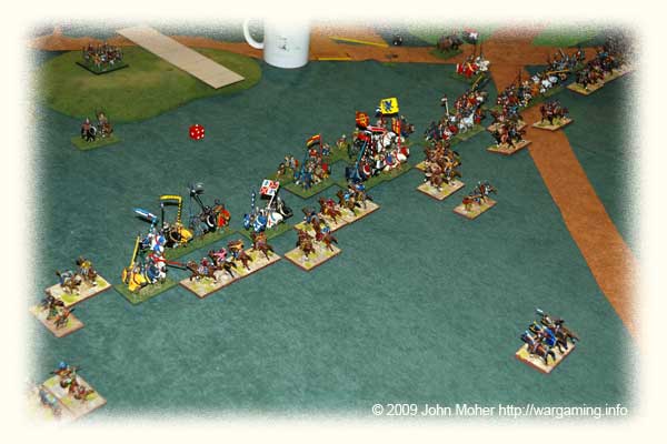 My fight on the left supported by Campbell's centre command. Surprisingly the Lh(S) have very much held their own against the Kn(O) and even killed a General! Out of picture to the left some more Lh(S) have been battling with some Lh(O) and a column of Bw(O). My fight on the left supported by Campbell's centre command.