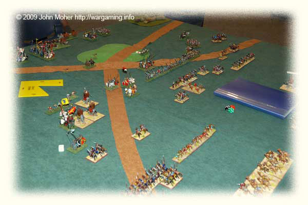 Almost the end - to the left of picture there is virtually nothing left on the table (except for one small but critical combat) - my command is not far from being broken & shattered (out of picture), as is one of the Portuguese commands and both sides have more commands demoralised or close to breaking. Almost the end - to the left of picture there is virtually nothing left on the table (except for one small but critical combat) - my command is not far from being broken & shattered (out of picture), as is one of the Portuguese commands and both sides have more commands demoralised or close to breaking.