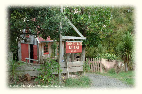 The mill of the Howick Miller, John Bycroft, established in 1854 - it uses a small water wheel (just visible on the right) to drive the mill. There were larger mills in Auckland and a lot of crops were carted north to there for milling as well. The mill of the Howick Miller, John Bycroft, established in 1854 - it uses a small water wheel (just visible on the right) to drive the mill. There were larger mills in Auckland and a lot of crops were carted north to there for milling as well.