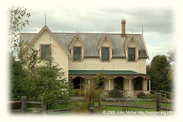 Puhinui Farm Homestead (W. M. McLaughlin) - one of the more substantial buildings in the Auckland Settlements District. It is again a slightly later construction building, being built in 1861. It was originally located in the bushland near Puhinui Stream many miles West of Howick and South of Otahuhu - by the 1860's this area south of Auckland was however slowly becoming more settled. Puhinui Farm Homestead (W. M. McLaughlin) - one of the more substantial buildings in the Auckland Settlements District. It is again a slightly later construction building, being built in 1861. It was originally located in the bushland near Puhinui Stream many miles West of Howick and South of Otahuhu - by the 1860's this area south of Auckland was however slowly becoming more settled.
