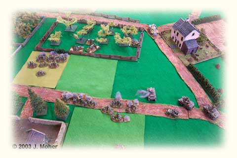 Err not quite... It gets stuck as it crosses the road, hit by fire from the pesky Panzer IIIN! Err not quite... It gets stuck as it crosses the road, hit by fire from the pesky Panzer IIIN!