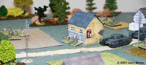 Another view at the same early stage - the MOP & CC are actually in the Yellow Farmhouse in the centre - they have been placed in front of it to denote this but so we don't also forget they are there (and as this is one of Kieran's scratch built houses the roof doesn't come off anyway)! Another view at the same early stage - the MOP & CC are actually in the Yellow Farmhouse in the centre - they have been placed in front of it to denote this but so we don't also forget they are there (and as this is one of Kieran's scratch built houses the roof doesn't come off anyway)!