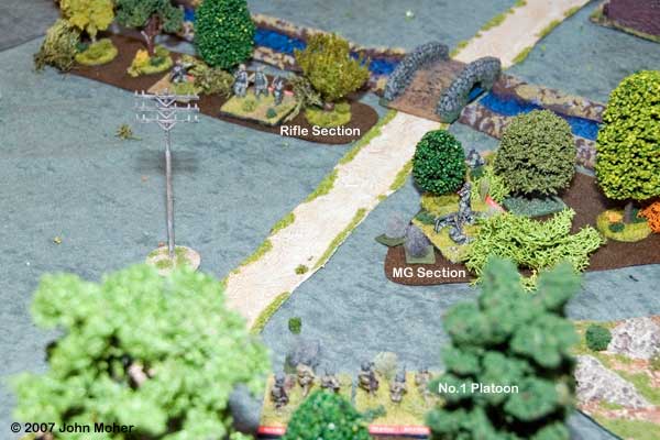 The pinned 1 Platoon Squads (foreground), their intended target, the suppressed MMG (centre), and the enfiladers who pinned them (upper left). The pinned 1 Platoon Squads (foreground), their intended target, the suppressed MMG (centre), and the enfiladers who pinned them (upper left).