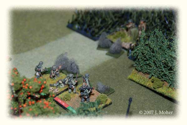 Platoon 3, 1st PzGr Kp, taking heavy fire from the Scots Squad in the wood who are out of picture (to the left) while the Scots Squad in the field are in turn taking fire from the Panther just out of shot. When the Germans tried to deal with the Scots off to the left they got enfiladed by more Scots on the ridge out of shot & beyond the top of the above photo. Platoon 3, 1st PzGr Kp, taking heavy fire from the Scots Squad in the wood who are out of picture (to the left) while the Scots Squad in the field are in turn taking fire from the Panther just out of shot. When the Germans tried to deal with the Scots off to the left they got enfiladed by more Scots on the ridge out of shot & beyond the top of the above photo.