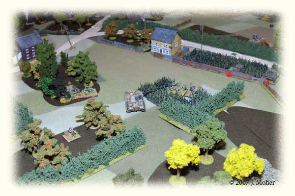 Platoon 1 has taken the small wood on the left of the photo, while Platoon 3 has finally moved into the field with the Mortar FO in support, and is awaiting the Panther to move up against the Armoured Cars. The Kompanie 1 Commander can be seen watching the proceedings in the orchard at bottom left. Platoon 1 has taken the small wood on the left of the photo, while Platoon 3 has finally moved into the field with the Mortar FO in support, and is awaiting the Panther to move up against the Armoured Cars. The Kompanie 1 Commander can be seen watching the proceedings in the orchard at bottom left.