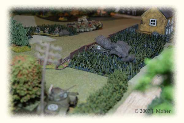 Crap! The Dingo brews up from a direct hit from the Panther - and the Daimler A/car, who can't get far enough down the slope - is staring down the barrel of a high velocity 75mm L/70 gun... Crap! The Dingo brews up from a direct hit from the Panther - and the Daimler A/car, who can't get far enough down the slope - is staring down the barrel of a high velocity 75mm L/70 gun...