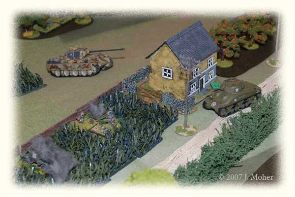 With the Daimler A/car neutralised the Panther begins it's advance up onto the ridge (to support the pinned platoon that is advancing along the field on top of the ridge), not aware that a Sherman is lurking behind the yellow house! With the Daimler A/car neutralised the Panther begins it's advance up onto the ridge (to support the pinned platoon that is advancing along the field on top of the ridge), not aware that a Sherman is lurking behind the yellow house!
