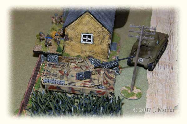 All on - there's no Mexican Stand-Off here - while the Panther and Sherman have at it at point blank, some Scots Infantry with PIAT take a shot at the Panther's side/deck from the dreaded Yellow Farm House! All on - there's no Mexican Stand-Off here - while the Panther and Sherman have at it at point blank, some Scots Infantry with PIAT take a shot at the Panther's side/deck from the dreaded Yellow Farm House!
