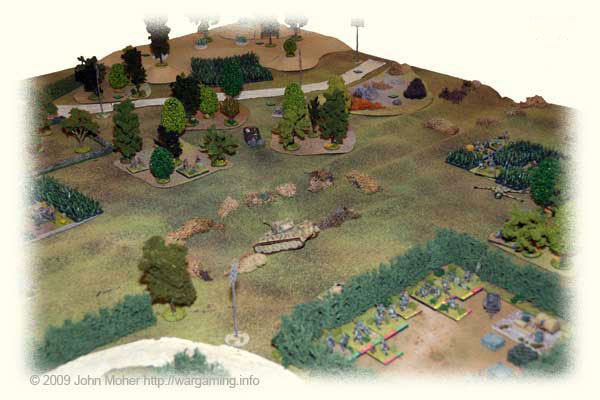 Looking towards the British lines early in the game - the German MGs, FO, and Platoon 3 can be seen at the bottom right of picture, as can Platoons 4 & 5 (just) to the upper right in the wood & field at edge of picture (near the abandoned PaK40). The first British 6pdr has been discovered (middle left edge of picture) as have a couple of Rifle Squads, and the Carrier has just left it's position and moved up (upper-middle centre). The second 6pdr and more Squads are yet to be discovered by RBF in the wood and rough ground to the upper-right of centre. Looking towards the British lines early in the game - the German MGs, FO, and Platoon 3 can be seen at the bottom right of picture, as can Platoons 4 & 5 (just) to the upper right in the wood & field at edge of picture (near the abandoned PaK40). The first British 6pdr has been discovered (middle left edge of picture) as have a couple of Rifle Squads, and the Carrier has just left it's position and moved up (upper-middle centre). The second 6pdr and more Squads are yet to be discovered by RBF in the wood and rough ground to the upper-right of centre.